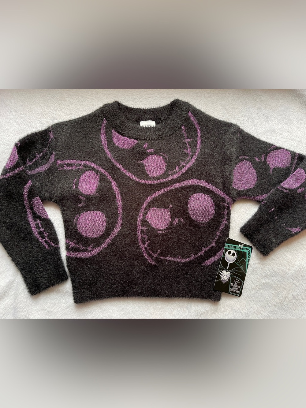 New Halloween Disney Skull Graphic Fuzzy Crewneck Sweater Black Purple S (6/6X)